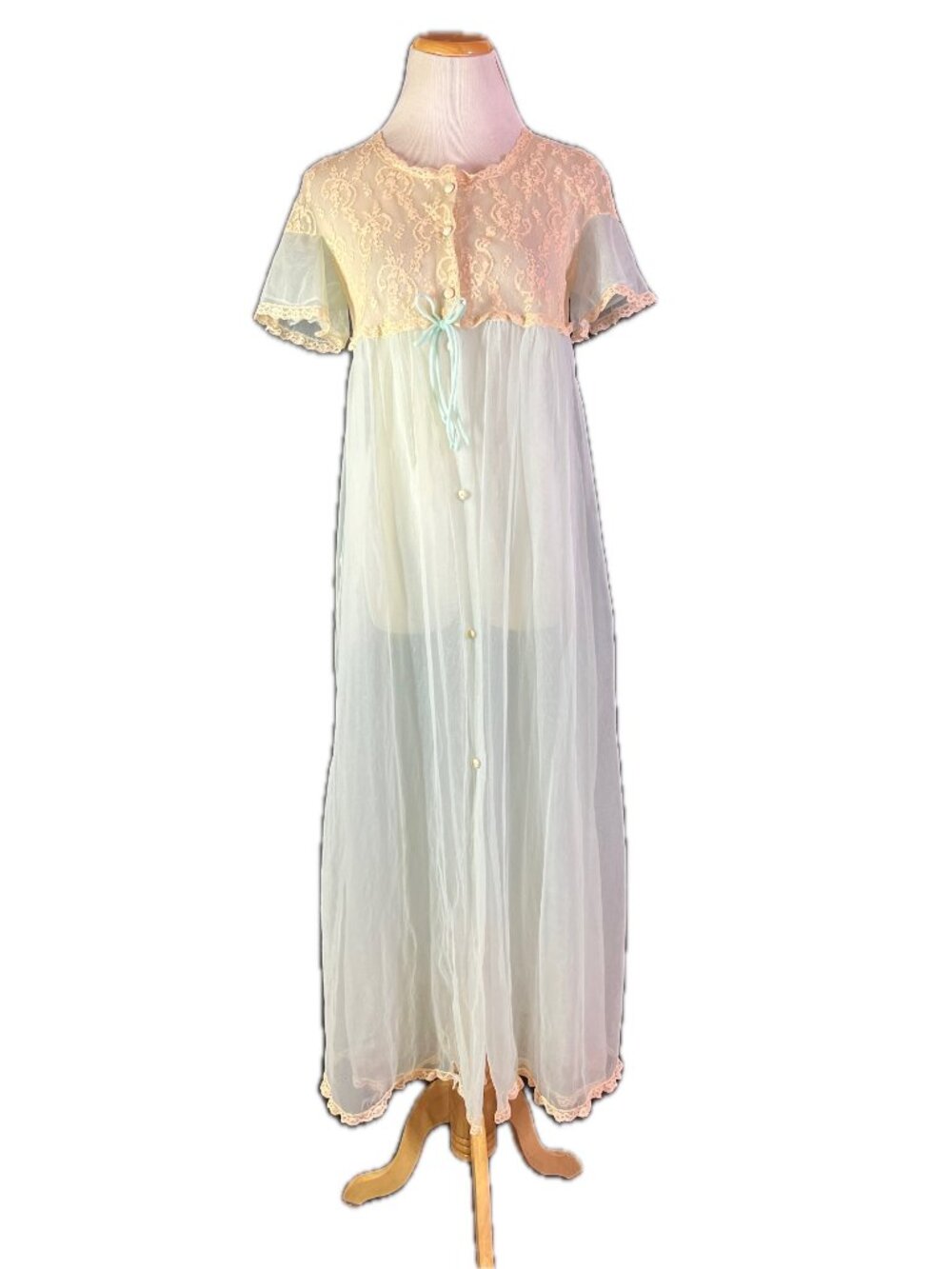 Vintage 50s Aristocraft Size M Nylon Short Sleeve Robe Button-Front Lace Overlay